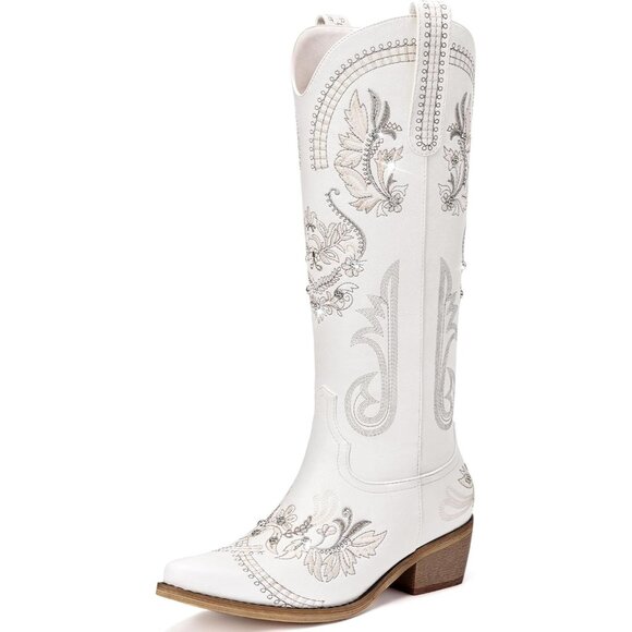 Women Faux Leather White Glitter Sparkly Rhinestone Embroidery Pointed Boots - Picture 1 of 6